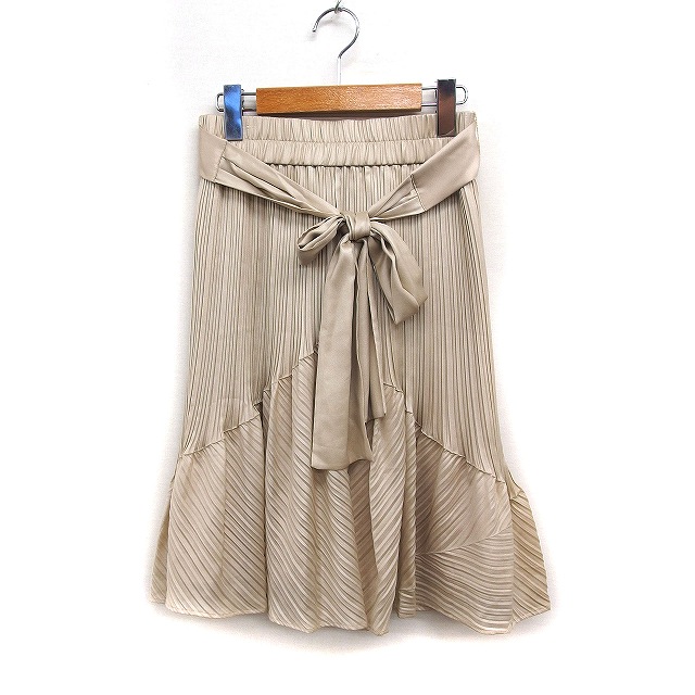 【中古】未使用品 トゥービーシック TO BE CHIC タグ付き プリーツ フレア スカート ひざ丈 リボン 無地 40 ベージュ 