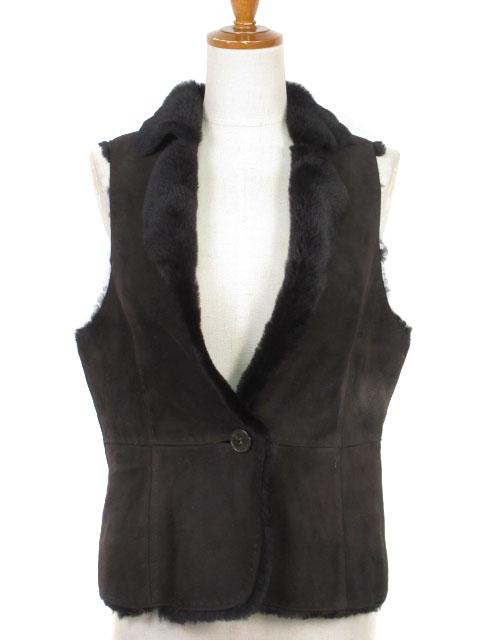 【中古】ロシャス ROCHAS ジャケット ベスト スエード レザー ムートン 羊革 ファー 9 茶 ブラウン レディースの通販は