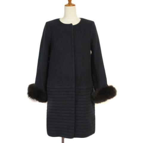 【中古】ノーリーズソフィー NOLLEYS sophi アンゴラボーダー袖ファーコート 36 紺 ネイビー レディース