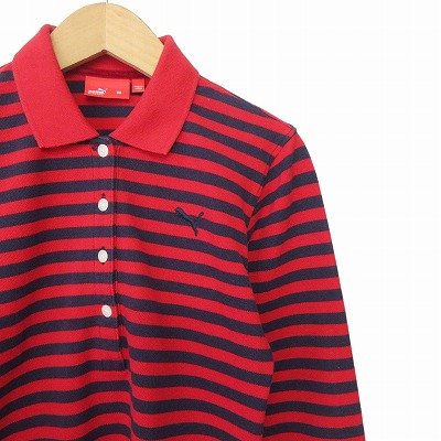 中古】プーマ PUMA ポロシャツ 七分袖 ボーダー ワンポイント M 赤 紺