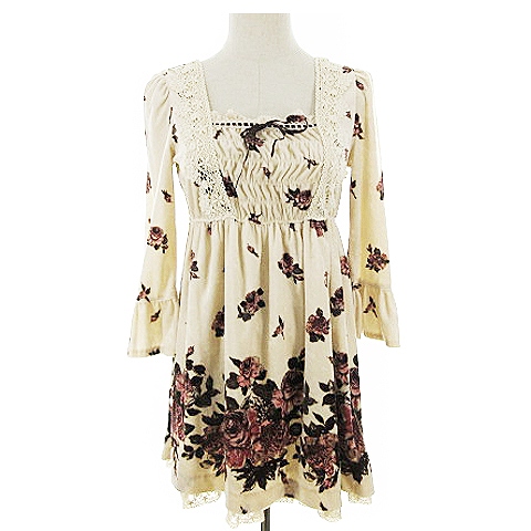 中古 レストローズ L Est Rose ワンピース ギャザー ミニ 長袖 花柄 刺繍 レース スクエアネック 2 ベージュの通販はau Pay マーケット ブランド古着のベクトル