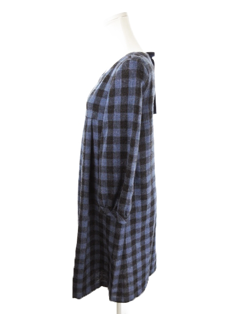 中古 ニーム Nimes ワンピース ひざ丈 ラウンドネック 七分袖 チェック 切替 リボン ウール 青 ブルー レディースの通販はau Pay マーケット ブランド古着のベクトル