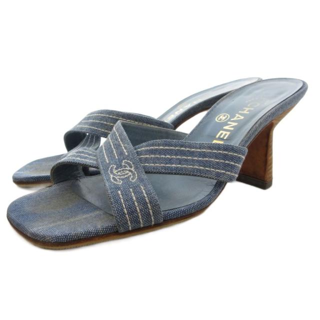 【中古】シャネル CHANEL ココマーク デニムミュール ヒールサンダル スクエアトゥ キャンバス 37 青 ブルー /GV
