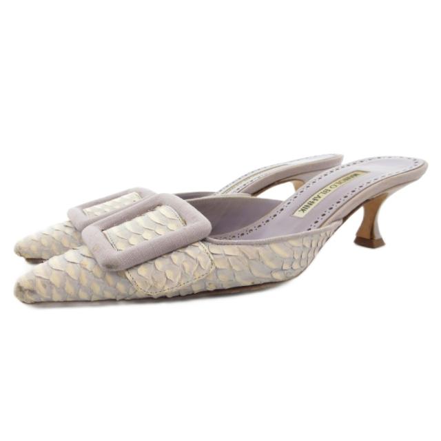 【中古】マノロブラニク MANOLO BLAHNIK メイセール ミュール ヒールサンダル パイソン型押し レザー 35.5