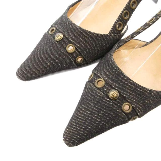 【中古】シャネル CHANEL ココマーク ヒールサンダル デニムパンプス ポインテッドトゥ 35.5 黒 ブラック /GV_3
