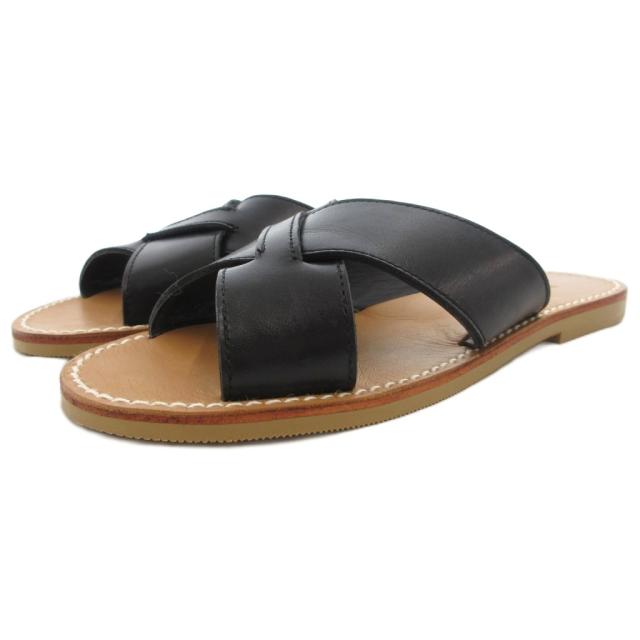 【中古】マーガレットハウエル MARGARET HOWELL レザークロスサンダル スライド フラット M 黒 ブラック /GV ■GY62