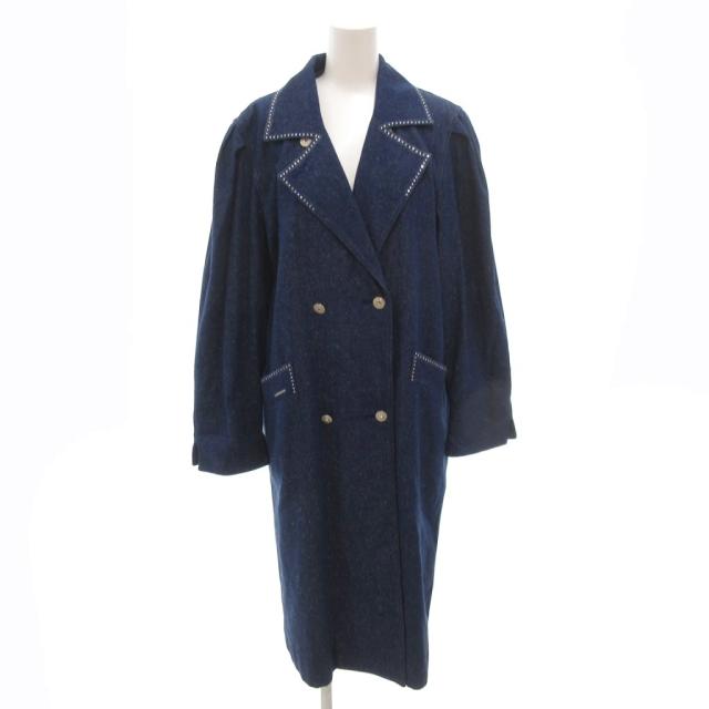 【中古】レオナール LEONARD チェスターコート 絹 シルク 9AB2 インディゴ ダブルブレスト ビジュー ロング