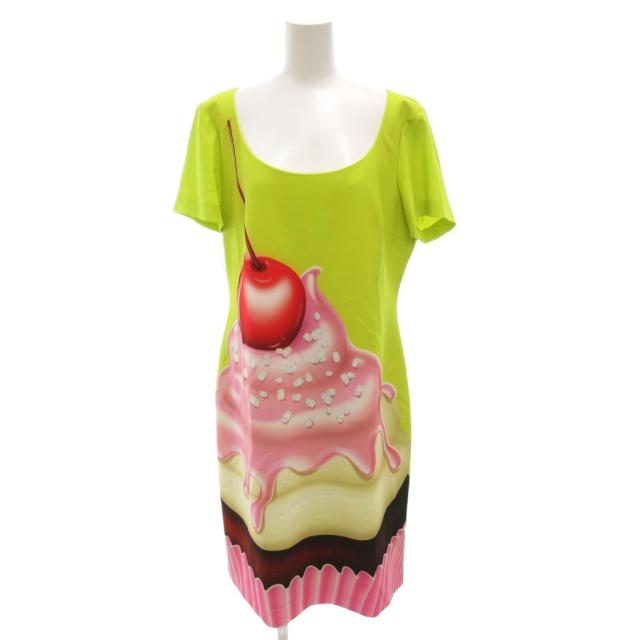 【中古】モスキーノ MOSCHINO チェリーアイスクリーム ワンピース 黄緑 半袖 プリント ラウンドネック ロング