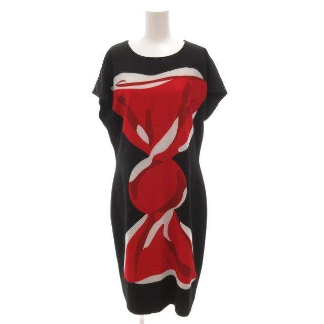 【中古】モスキーノ MOSCHINO ワンピース 46 黒 ブラック プリント ラウンドネック ロング フレンチスリーブ