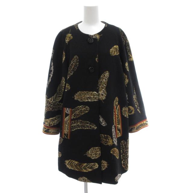 【中古】レオナール LEONARD FASHION ノーカラーコート 9AR ミドル ハーフ丈 ウール 総柄 黒 ブラック /AE ■GY62