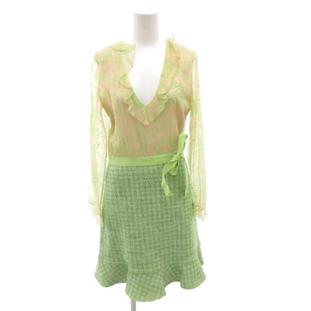 【中古】レッド ヴァレンティノ RED VALENTINO シルクツイードワンピース シアー ラメ ロング 長袖 緑 ベージュ