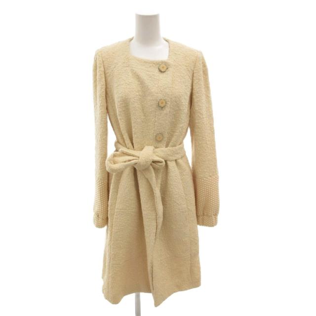 【中古】クロエ CHLOE ノーカラーコート スクエアネック ウエストベルト シルク混 ひざ丈 36 ベージュ