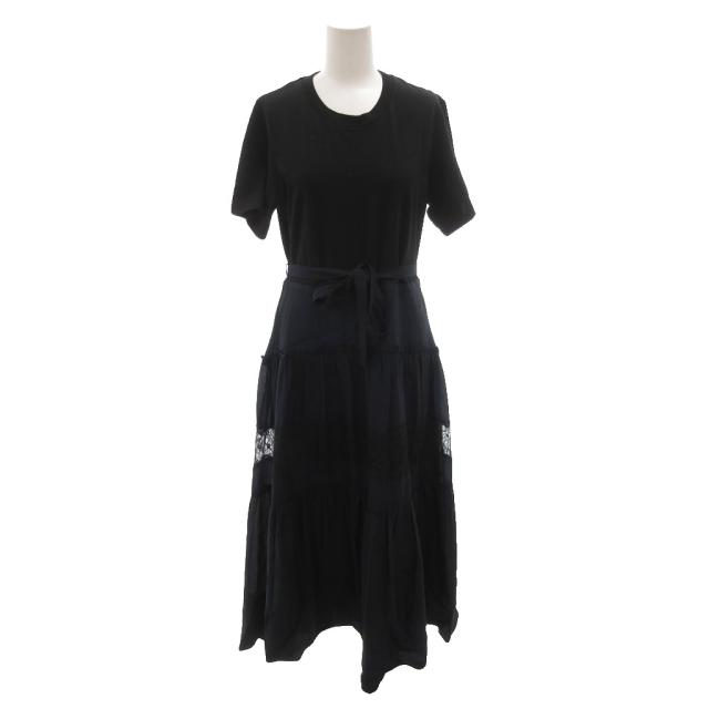 【中古】3.1 フィリップリム 3.1 phillip lim ティアードワンピース リボン レース シルク 絹 ロング 半袖 6 紺