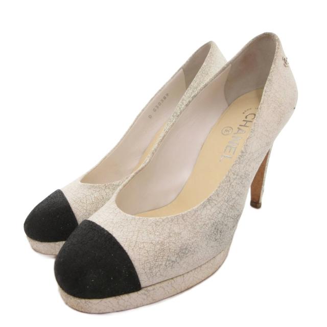 【中古】シャネル CHANEL ココマーク パンプス ラウンドトゥ バイカラー ハイヒール 38 白 ホワイト 黒 ブラック