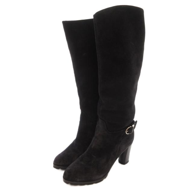 【中古】サルヴァトーレフェラガモ Salvatore Ferragamo ロングブーツ ゴールド金具 スエード サイドジップ 4.5 黒