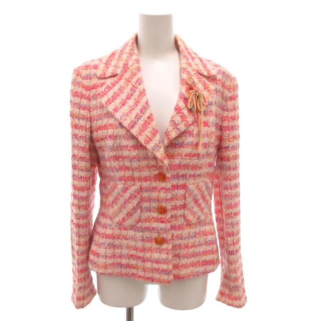 【中古】エスカーダ ESCADA テーラードジャケット スポーツジャケット ツィード シュロの葉 裏地花柄 36 さくら色 /FF ■GY62