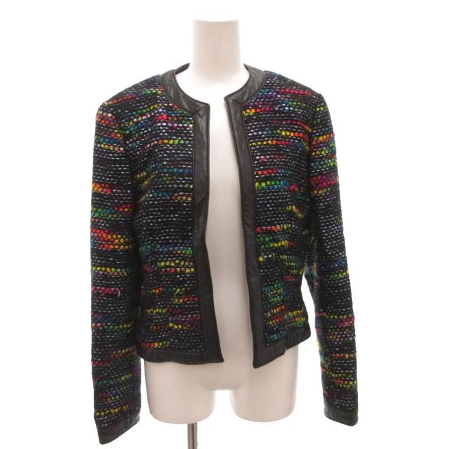 【中古】エスカーダ ESCADA ツイード ノーカラージャケット フェイクレザー 36 黒 ブラック /FF ■GY62 レディース