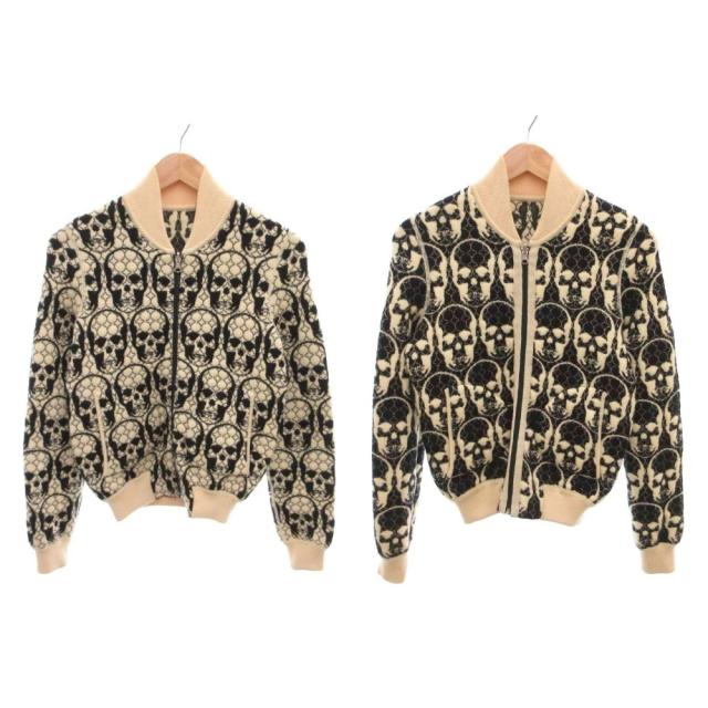 【中古】LUCIEN PELLAT-FINET ニットスタジャン ブルゾン カシミヤ混 総スカル柄 リバーシブル 黒 ブラック 白