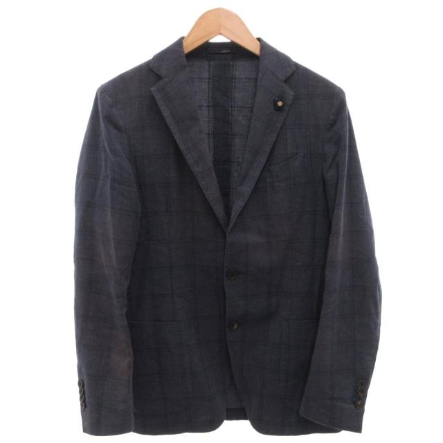 【中古】ラルディーニ LARDINI テーラードジャケット ブレザー チェック フラワーモチーフ 46 紺 ネイビー