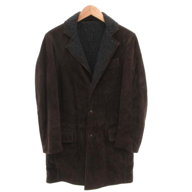 【中古】ENZO LEATHER トナカイレザー チェスターコートカシミヤニット ロング 44 茶 ブラウン
