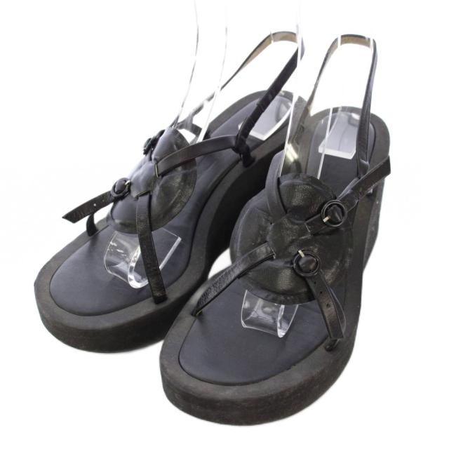 【中古】ジルサンダー JIL SANDER サンダル ウェッジソール 厚底 レザー ストラップ 24.5cm 黒 ブラック レディース