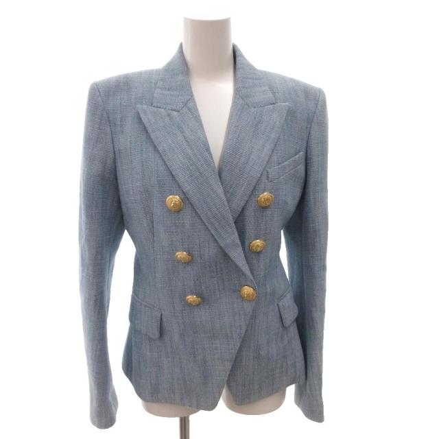 【中古】バルマン BALMAIN テーラードジャケット ブレザー ツイード 金ボタン リネン混 ダブル 38 ライトブルー