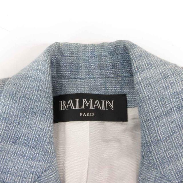 【中古】バルマン BALMAIN テーラードジャケット ブレザー ツイード 金ボタン リネン混 ダブル 38 ライトブルー_6