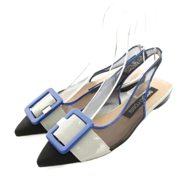 【中古】セルジオロッシ Sergio rossi パンプス スリングバック 38.5 青 ブルー グレー 黒 ポインテッドトゥ