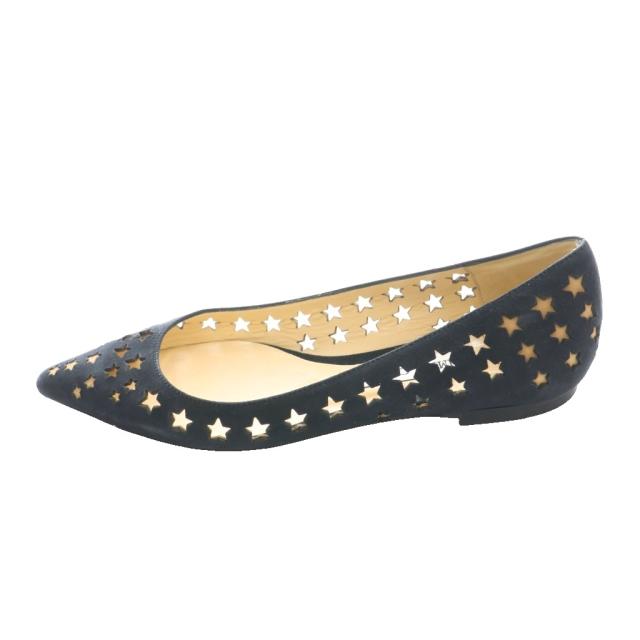 【中古】ジミーチュウ JIMMY CHOO フラットシューズ パンプス ローヒール カットワーク 星柄 36.5 黒 ブラック_1