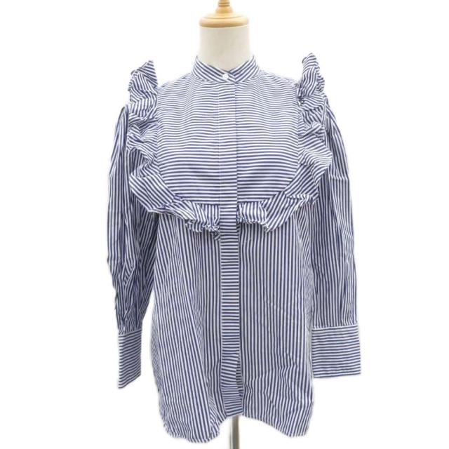 【中古】MSGM シャツ ブラウス 40 青 ブルー 白 ホワイト フリル ストライプ柄 ボーダー柄 長袖 ■GY57 レディース