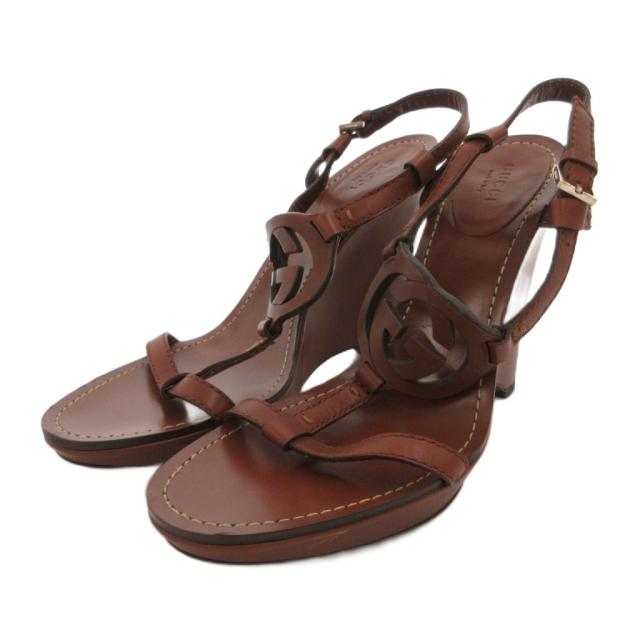 【中古】グッチ GUCCI ウェッジソール サンダル ストラップ ロゴ レザー 38.5 茶 ブラウン /FF ■GY62 レディース