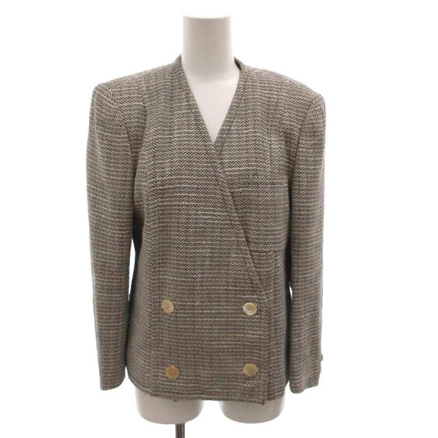 【中古】セリーヌ CELINE ヴィンテージ ノーカラージャケット ブレザー 総柄 ダブル 38 白 ホワイト