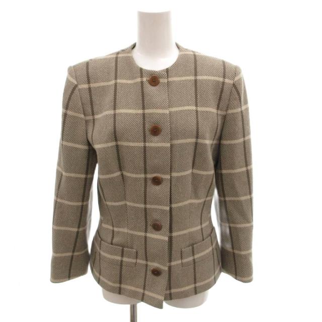 【中古】セリーヌ CELINE ヴィンテージ ノーカラージャケット チェック ロゴ ウール 38 グレージュ