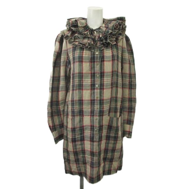 【中古】バレンシアガ BALENCIAGA ワンピース チュニック 麻 リネン L マルチカラー チェック柄 フリル襟 長袖 /KK