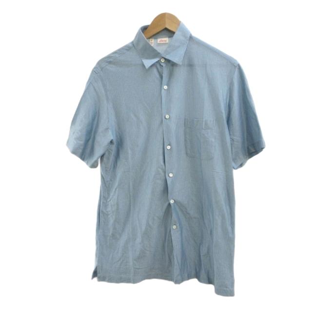 【中古】ブリオーニ BRIONI カジュアルシャツ M 青 ブルー ストライプ柄 半袖 胸ポケット /YU ■GY62 メンズ