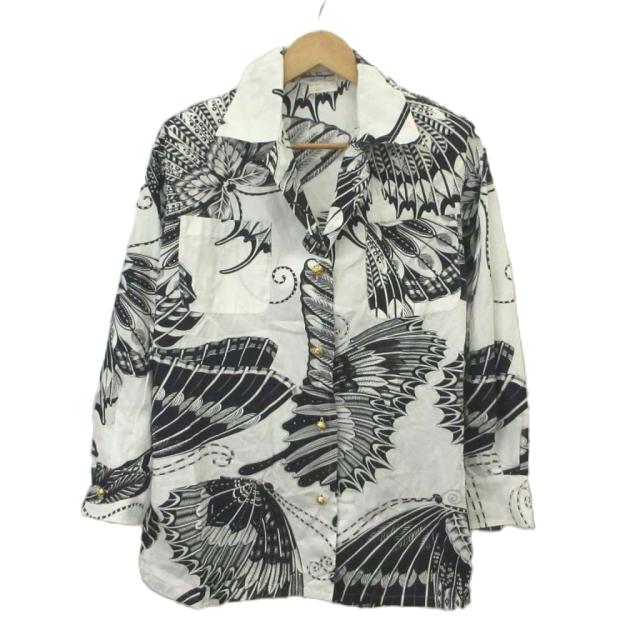 【中古】Salvatore Ferragamo シャツ ブラウス XS 白 ホワイト 蝶柄 長袖 襟付き /MD ■GY62 レディース