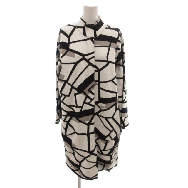 【中古】エスカーダ ESCADA ニット ロングコート 総柄 ジップアップ モックネック 長袖 ロング M 白 ホワイト 黒
