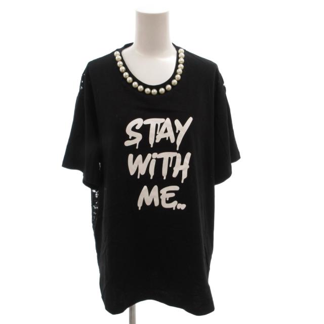 【中古】エルマノシェルビーノ ERMANNO SCERVINO レース切替 プリントTシャツ カットソー フェイクパール 36 黒