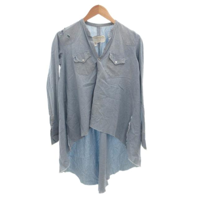 【中古】グレッグローレン GREG LAUREN シャンブレーシャツ デニム 長袖 ダメージ加工 ロング 0 インディゴ ブルー