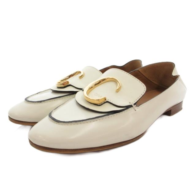 【中古】クロエ CHLOE ローファー スリッポン ロゴ金具 レザー Uチップ 38 白 ホワイト /FF ■GY57 レディース
