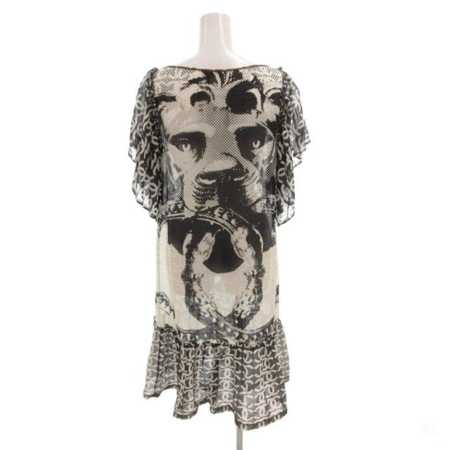 【中古】シャネル CHANEL ワンピース シアー ココマーク 総柄 プリント バイカラー シルク混 半袖 38 黒 白_1