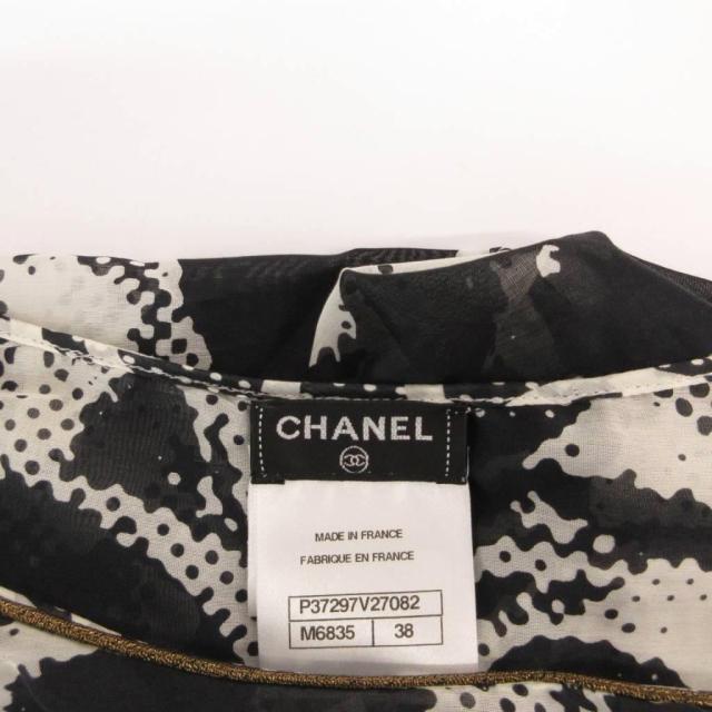 【中古】シャネル CHANEL ワンピース シアー ココマーク 総柄 プリント バイカラー シルク混 半袖 38 黒 白_4