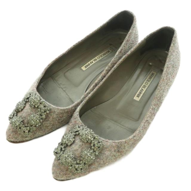【中古】マノロブラニク MANOLO BLAHNIK ハンギシ パンプス ラウンドトゥ ローヒール 装飾 37 グレー マルチカラー