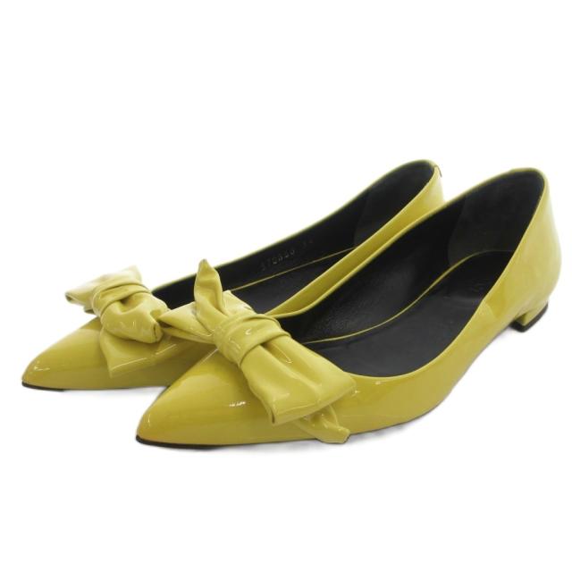 【中古】グッチ GUCCI リボンフラットシューズ ポインテッドトゥ エナメル 34 黄 イエロー /FF ■GY62 レディース