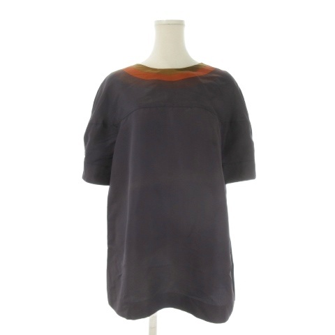 【中古】プラダ PRADA シャツ ブラウス 絹 シルク 38 紺 ネイビー ラウンドネック 半袖 P9256 /CK39 ■GY62