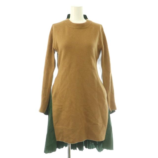 【中古】サカイ sacai ニットドッキングプリーツワンピース ミモレ ロング 長袖 切替 バイカラー ウール 1 茶