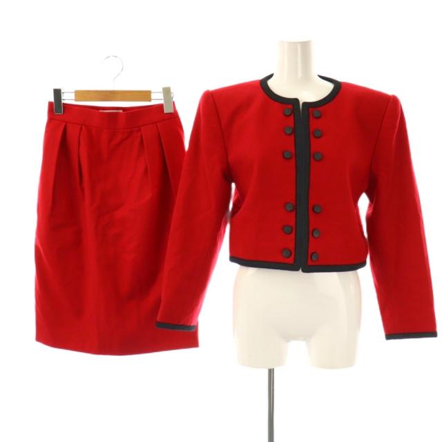 【中古】イヴサンローラン セットアップ ヴィンテージ ショート丈ノーカラージャケット タイトスカート S レッド