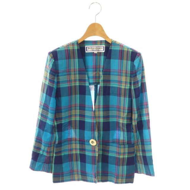 【中古】イヴサンローラン ヴィンテージチェック金ボタンジャケット ノーカラー ウール S マルチカラー /DO