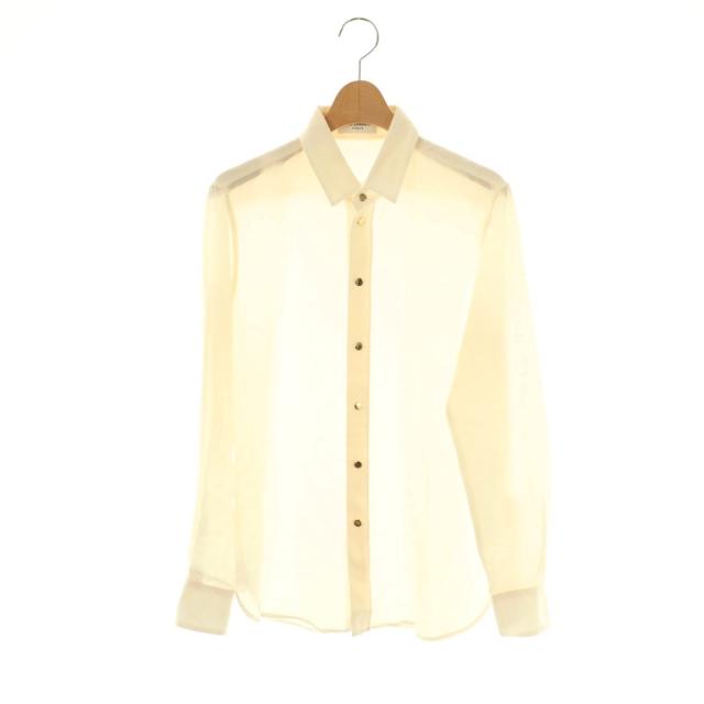 【中古】イヴサンローラン YVES SAINT LAURENT シャツ ブラウス 長袖 金ボタン 前開き シルク F38 オフホワイト