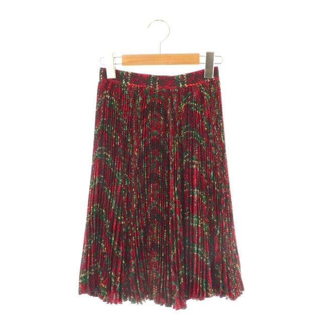 【中古】クリスチャンディオール プリーツスカート ひざ丈 総柄 チェック柄 シルク混 レッド マルチカラー